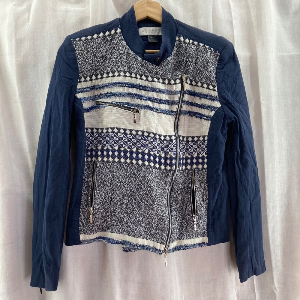 WOM&NOW Barcelona Moto Jacket Size 42 Blue White Textured Knit‎ Cotton Blend